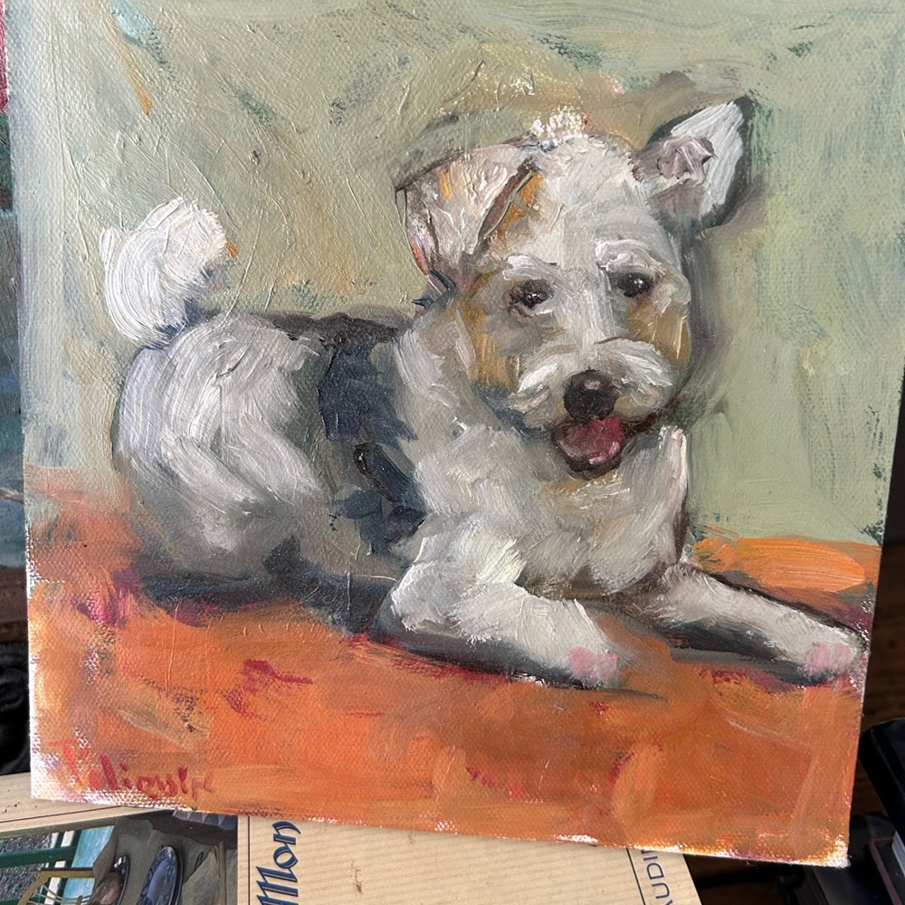 Charming Dog Painting on Board 8x8” Wire Hair Terrier- White and Gray